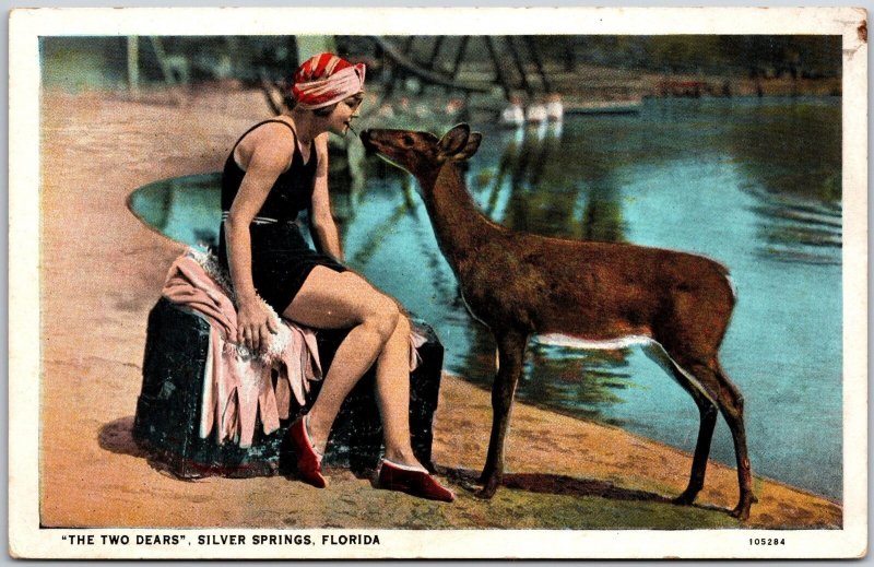 The Two Dears Silver Springs Florida FL Crysatal Clear Water Lake View Postcard