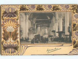 Unused Pre-1907 foreign PEOPLE IN HIGH CEILING ROOM WITH MANY COLUMNS J4204