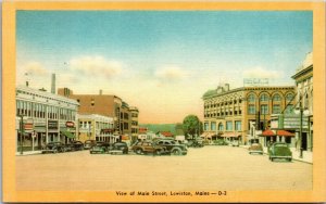 Vtg Lewiston Maine ME View of Main Street Old Cars 1940s Linen Postcard