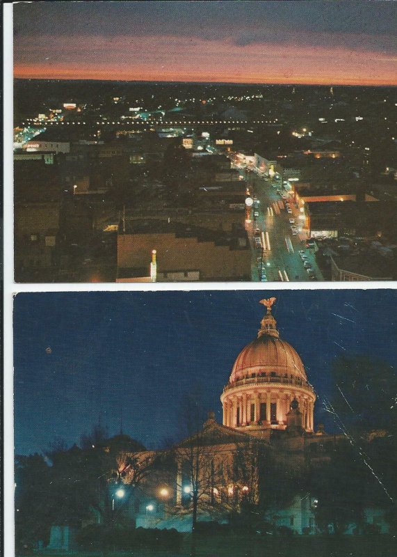 2 Jackson, Mississippi Evening Scenes, the State Capital & Aerial View Postcards