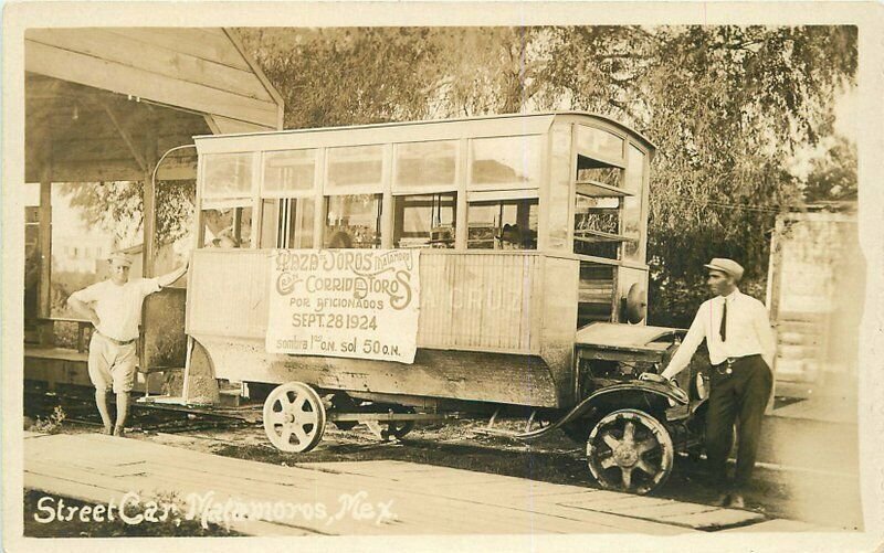 1924 Matamoras Mexico Street Car Traction Bus Railroad Advertising RPPC Postcard