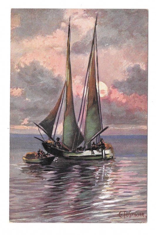 Nautical Artist Signed G Fuhrmann Seascape Sailboat and Small Boat ASM Postcard