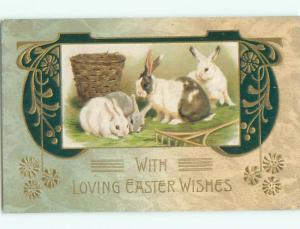 Pre-Linen easter BUNNY RABBITS BESIDE WICKER BASKET AND RAKE k2974
