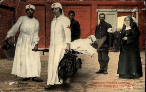 WWI Belgian Red Cross Nurses Carry Wound on Stretcher c1915 Postcard