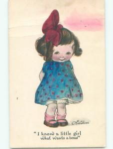 Pre-Linen signed CUTE GIRL WITH BOW IN HAIR WANTS BEAU k6570