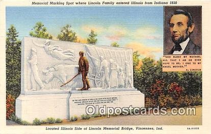 Memorial Marking Sport, Lincoln Family Vincennes, IN, USA Unused 