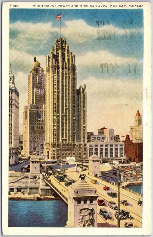 1950's Tribune Tower & Michigan Avenue Bridge Chicago Illinois Posted Postcard
