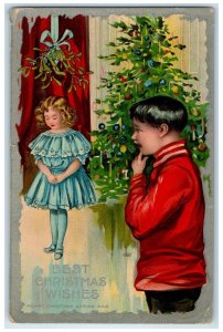 c1910's Christmas Tree Pretty Girl Under Mistletoe Embossed Antique Postcard