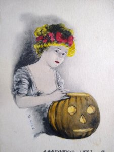Halloween Postcard May L. Farini Hand Tinted Victorian Lady JOL Pumpkin M Cole 