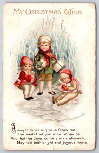 Ellen H Clapsaddle Christmas~Children Hold Gifts Close In Snowy Forest~Poem~1915