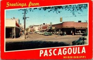 Greetings Pascagoula Mississippi Scenic Downtown Streetview Chrome Postcard 