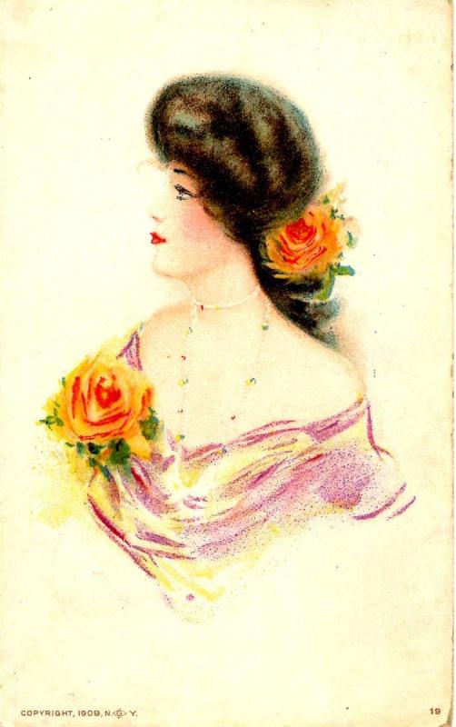 Lady with Orange Roses - Artist Signed: Unknown