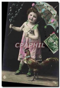 Postcard Old Rooster Hen Child