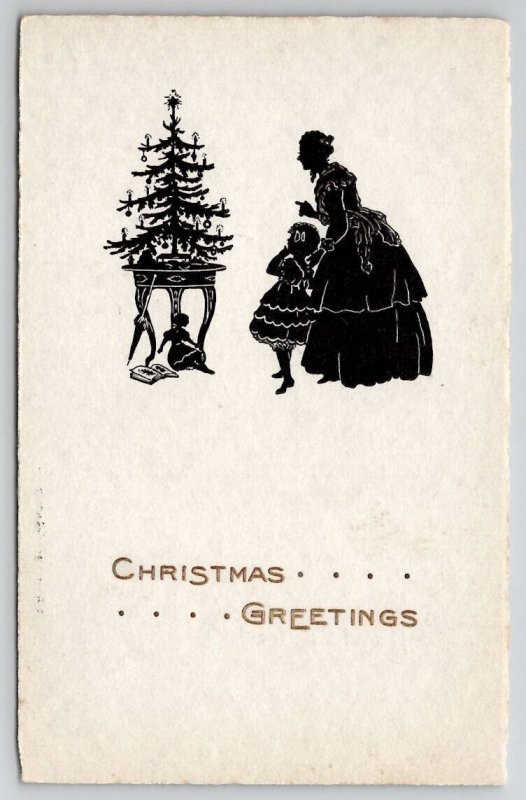 Christmas Greetings Silhouette Mother Children Tree Doll German Postcard N22