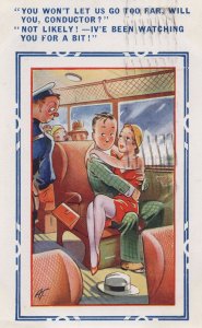 Man Groping Woman On Old Bus Conductor Watching Comic Postcard