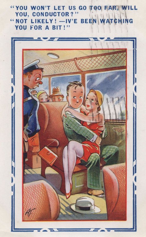 Man Groping Woman On Old Bus Conductor Watching Comic Postcard