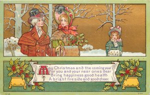 Embossed Postcard Christmas and New Years Nash C99 Colonial Couple & Girl Child