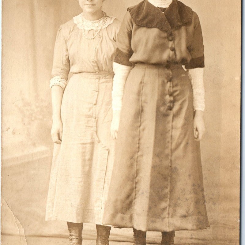 c1910s Two Cute Young Ladies RPPC Smirk Stoic Girl Real Photo Modest Women A161