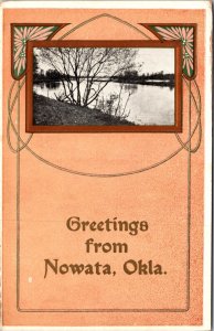 Postcard Greetings from Nowata, Oklahoma Landscape Art Deco Florals