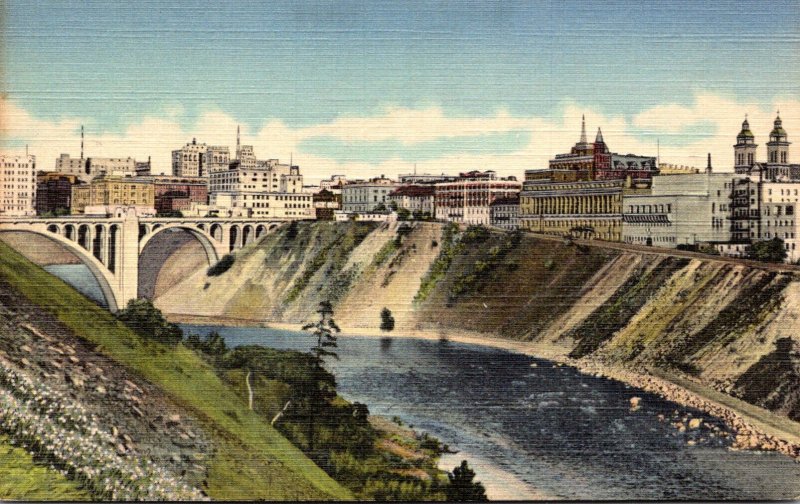 Washington Spokane Skyline and Business Section Showing Spokane River Curteich