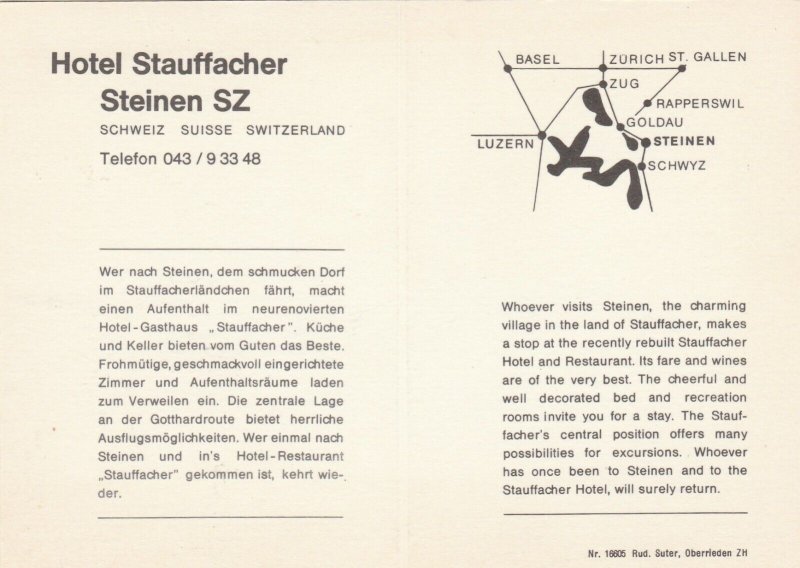 HOTEL STAUFFACHER, STEINEN, Switzerland - Vintage POSTCARD Sized Card