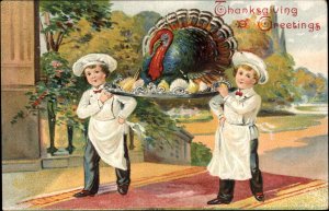 Thanksgiving Little Boy Chefs with Giant Turkey in Platter c1910 Postcard