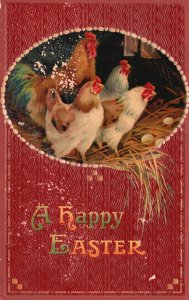 A Happy Easter Hens Laying Eggs Holiday Eastertide Wishes Vintage Postcard 1912