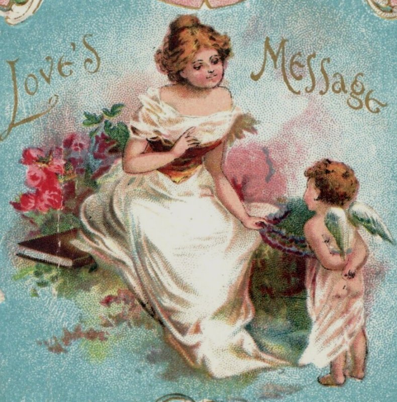 1890s Embossed Love's Message Valentine's Heart Card Lady & Cherub #6O