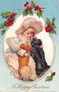 Christmas Greetings Girl with Dogs Vintage Postcard AA72137