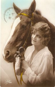 Pretty lady with her horse Old vintage French postcard