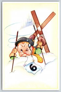 Sports~Skiing~#6 Wipes Out Crosses Skis Gets Black Eye~Belgium Vintage Postcard