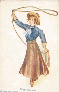 J67/ Interesting Postcard c1910 Western Girl Cowgirl Lasso Skirt 392