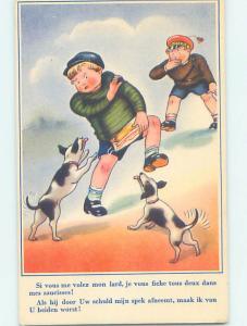 Unused Pre-Chrome foreign CONTROL OFFICER AND DOGS CHASE BOY WITH BACON J5145