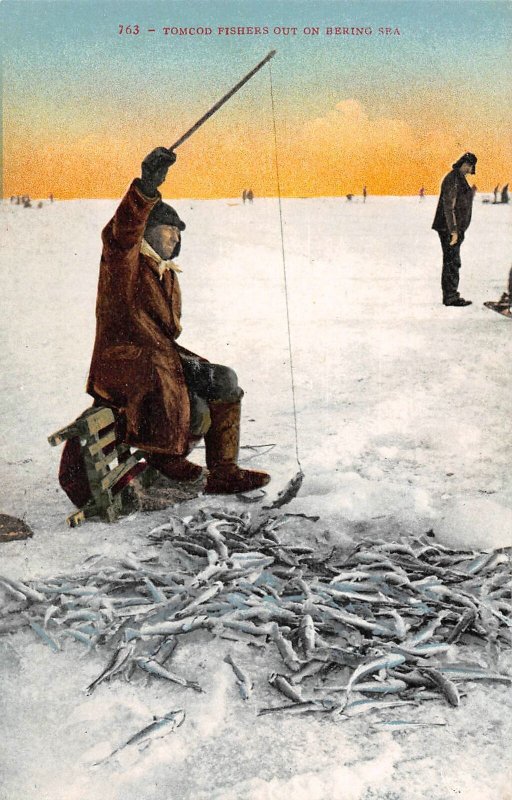 Tom Fishers Ice Fishing Bering Sea Alaska 1910c postcard