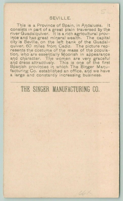 Singer Mfg Co~Sevilla Spain Couple at Sewing Machine~1892 Victorian Trade Card 