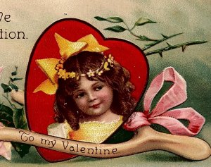 c1909 VALENTINE WITH LOVE AND DEVOTION GIRL FLOWERS WISHBONE POSTCARD 26-255