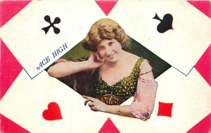c1910 Postcard; Pretty Young Woman w/ Playing Card Suits, Ace High, Unposted