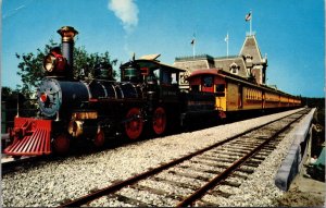 Disneyland Postcard Santa Fe Railroad Passenger Train at Main Street Station