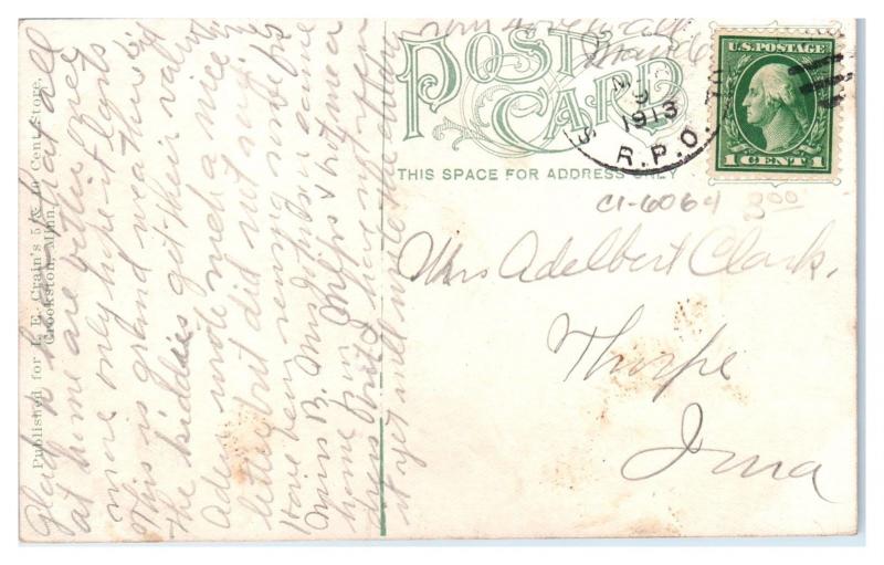 1913 Fournet Block, Crookston, MN Postcard w/ RPO Cancellation
