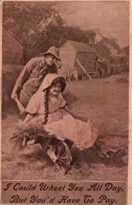 Vintage Postcard 1911 Lover Couple I Could Wheel You All Day But You Have To