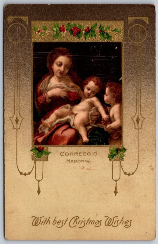 Vtg Best Christmas Wishes Greeting Correggio Madonna and Child 1910s Postcard