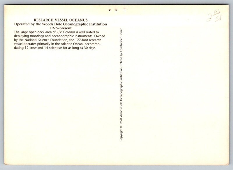 Research Vessel Oceanus  Woods Hole  Cape Cod  Massachusetts  Postcard