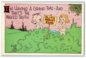 Nude Girl I'm Having A Grand Time Elite Nudist Kamp Sign Risque Humor Postcard