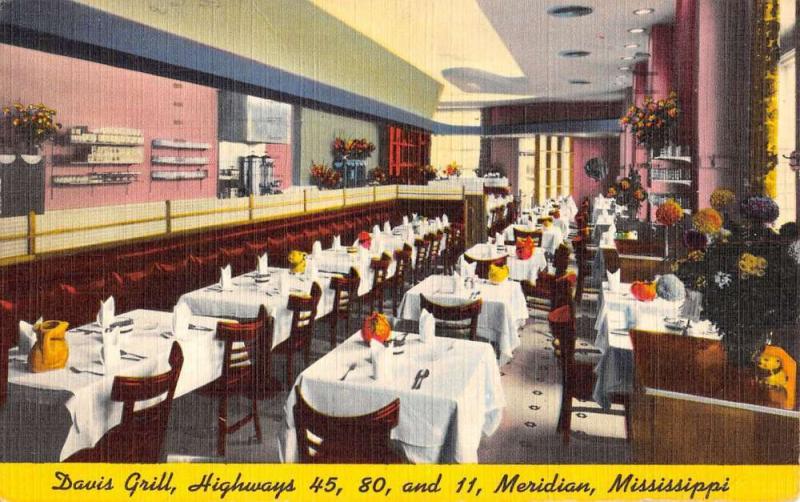 Meridian Mississippi Davis Grill Interior Vintage Postcard K38077