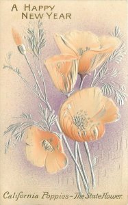 California Poppies Happy New Year Embossed 1908 Postcard 12841