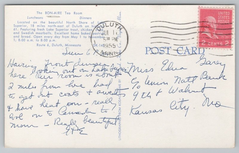 Duluth MinnesotaThe Bon Aire Tea RoomPM 1955Vintage Postcard United States Minnesota