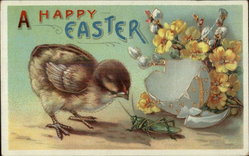 Easter - Cute Chick & Grasshopper c1910 Postcard