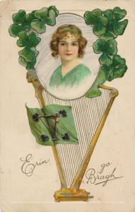 St Patricks Day Greetings - Pretty Lady and Harp - Erin go Bragh - pm 1929 - DB