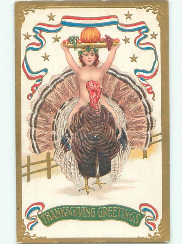 Pre-Linen Patriotic risque NUDE WOMAN RIDES ON THANKSGIVING TURKEY