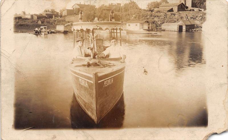 E50/ near Peoria? Illinois Real Photo RPPC Postcard Boat Men Lake c1910
